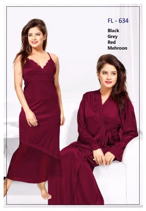 Flourish Nighty FL-634 - 2Pcs Bridal Nighty Set - Long Nighty