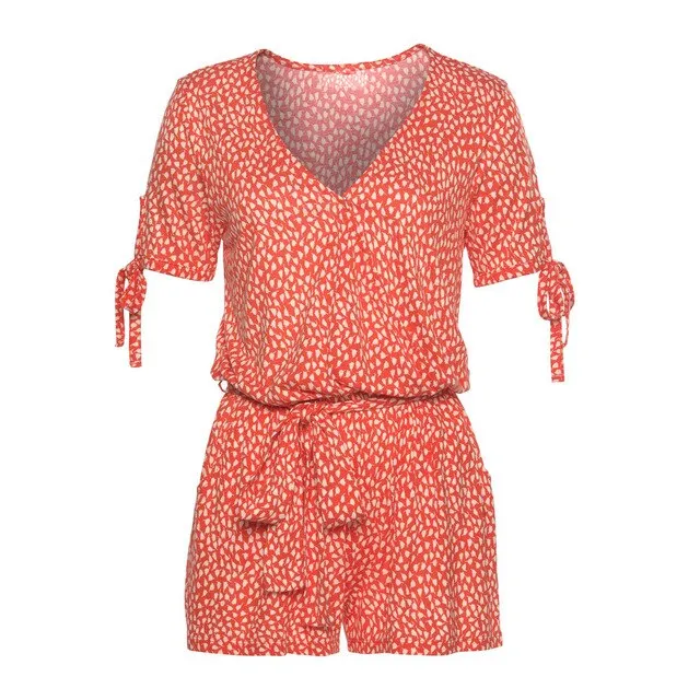 FREE OSTRICH Women's Strap Short Sleeve Short Jumpsuits V-neck Fashion Printeddies Beach Casual Loaf Pocket Rompers Plus Size