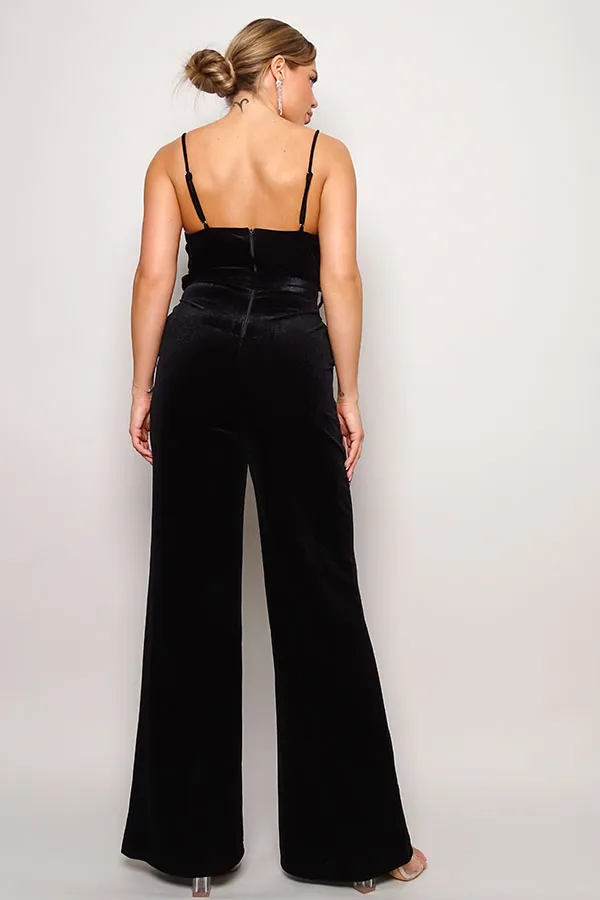 Front Pocket and Rhinestone Belt Velvet Jumpsuit