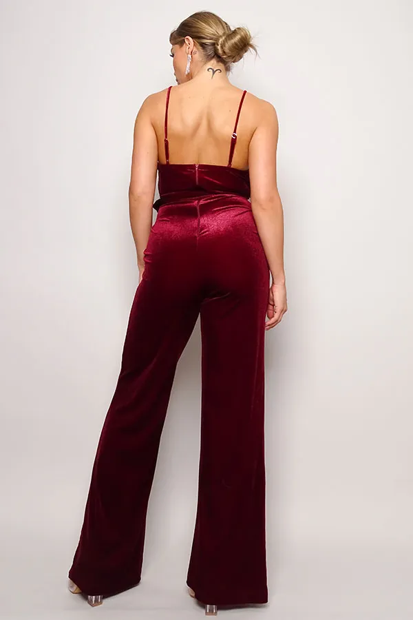 Front Pocket and Rhinestone Belt Velvet Jumpsuit