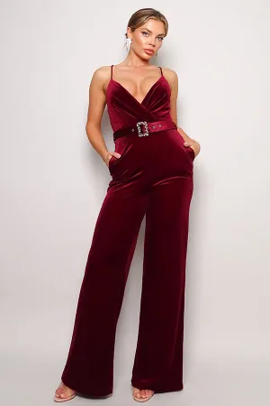 Front Pocket and Rhinestone Belt Velvet Jumpsuit