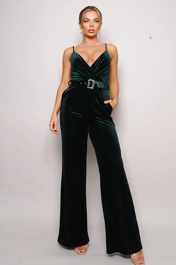 Front Pocket and Rhinestone Belt Velvet Jumpsuit