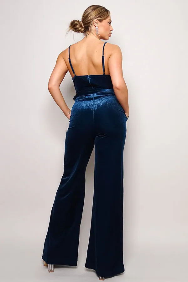 Front Pocket and Rhinestone Belt Velvet Jumpsuit