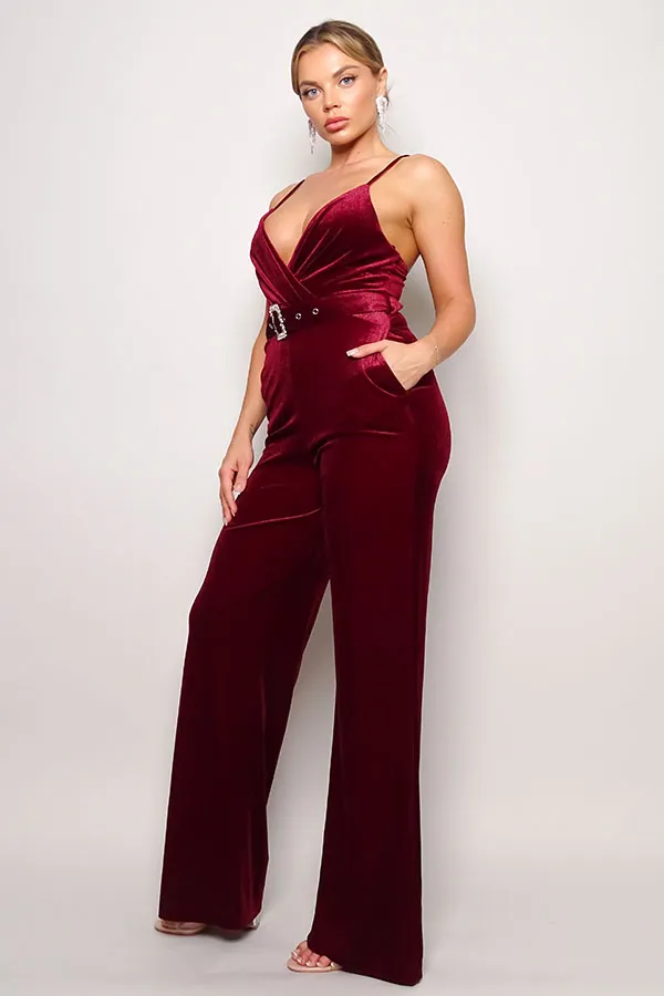Front Pocket and Rhinestone Belt Velvet Jumpsuit