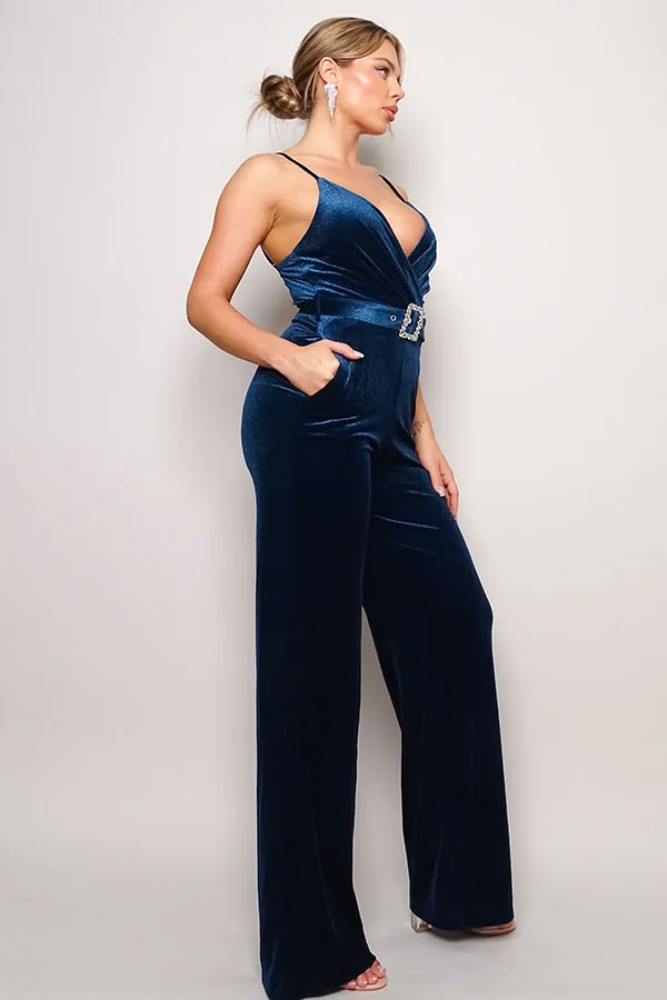 Front Pocket and Rhinestone Belt Velvet Jumpsuit