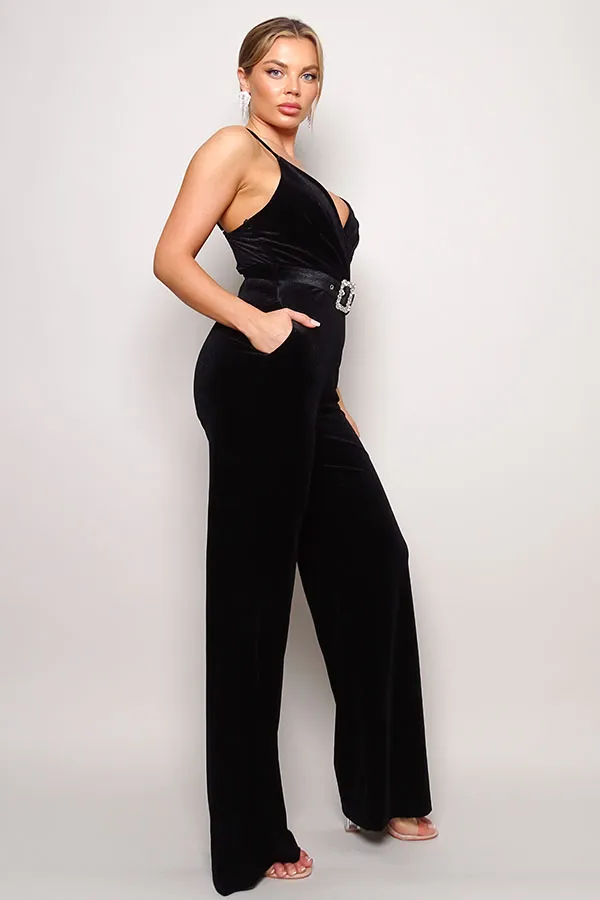 Front Pocket and Rhinestone Belt Velvet Jumpsuit