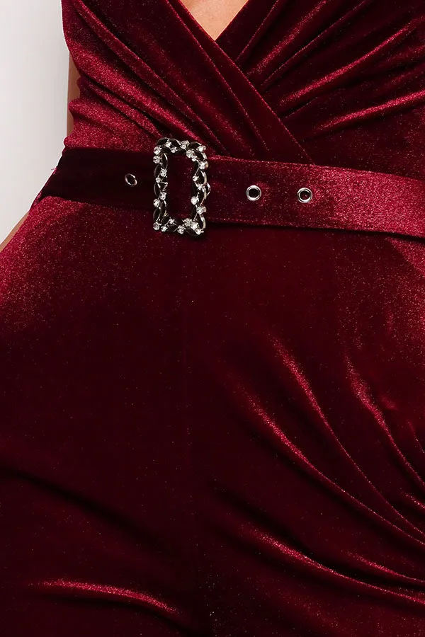 Front Pocket and Rhinestone Belt Velvet Jumpsuit