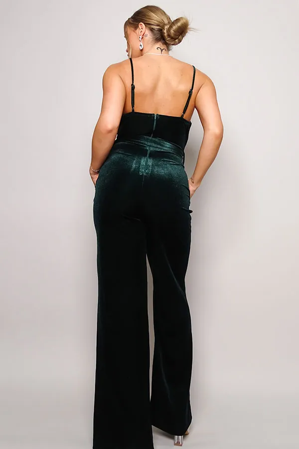 Front Pocket and Rhinestone Belt Velvet Jumpsuit