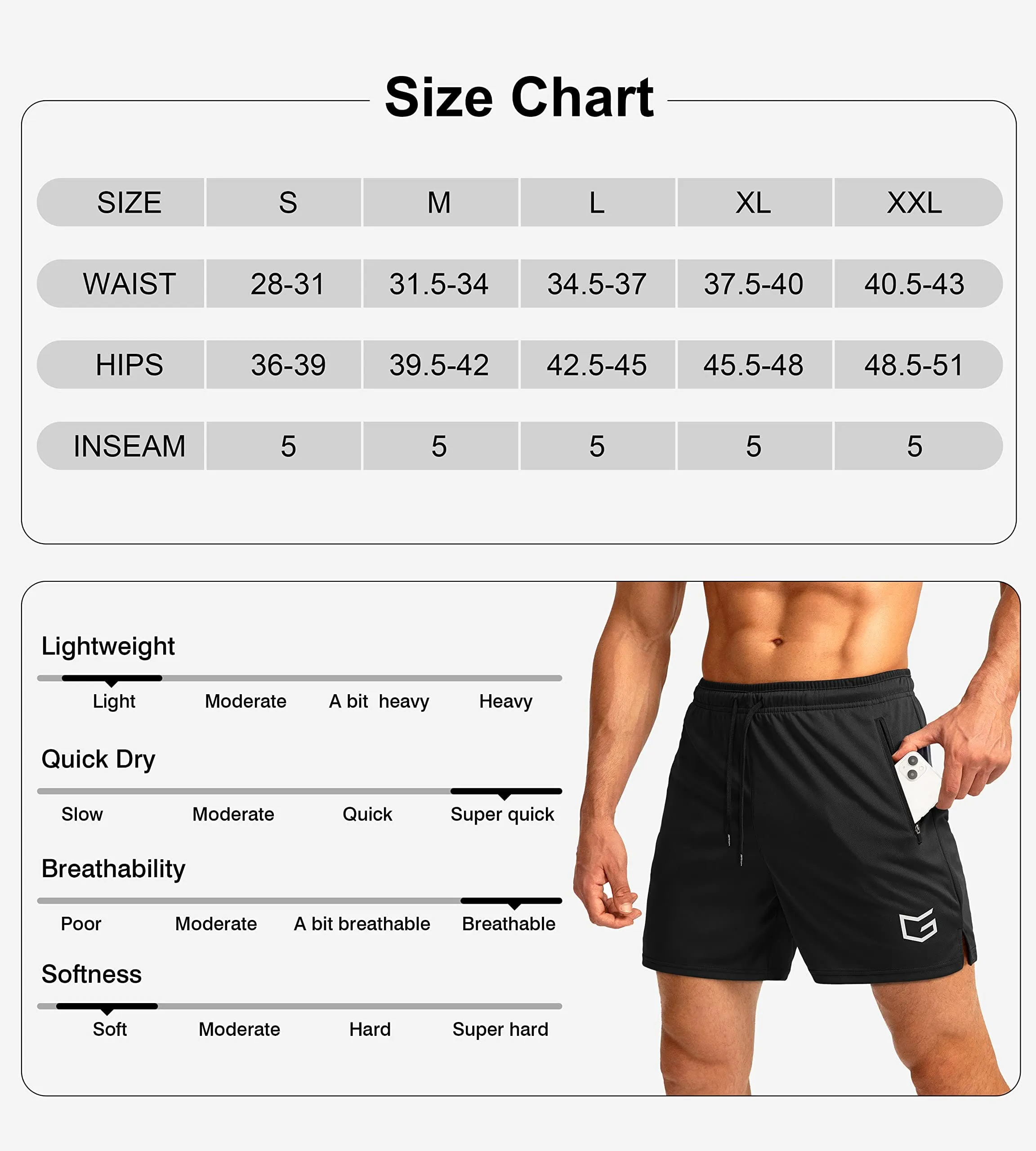G Gradual Men's Running Shorts with Zipper Pockets Quick Dry Gym Athletic Workout 5" Shorts for Men (Black)