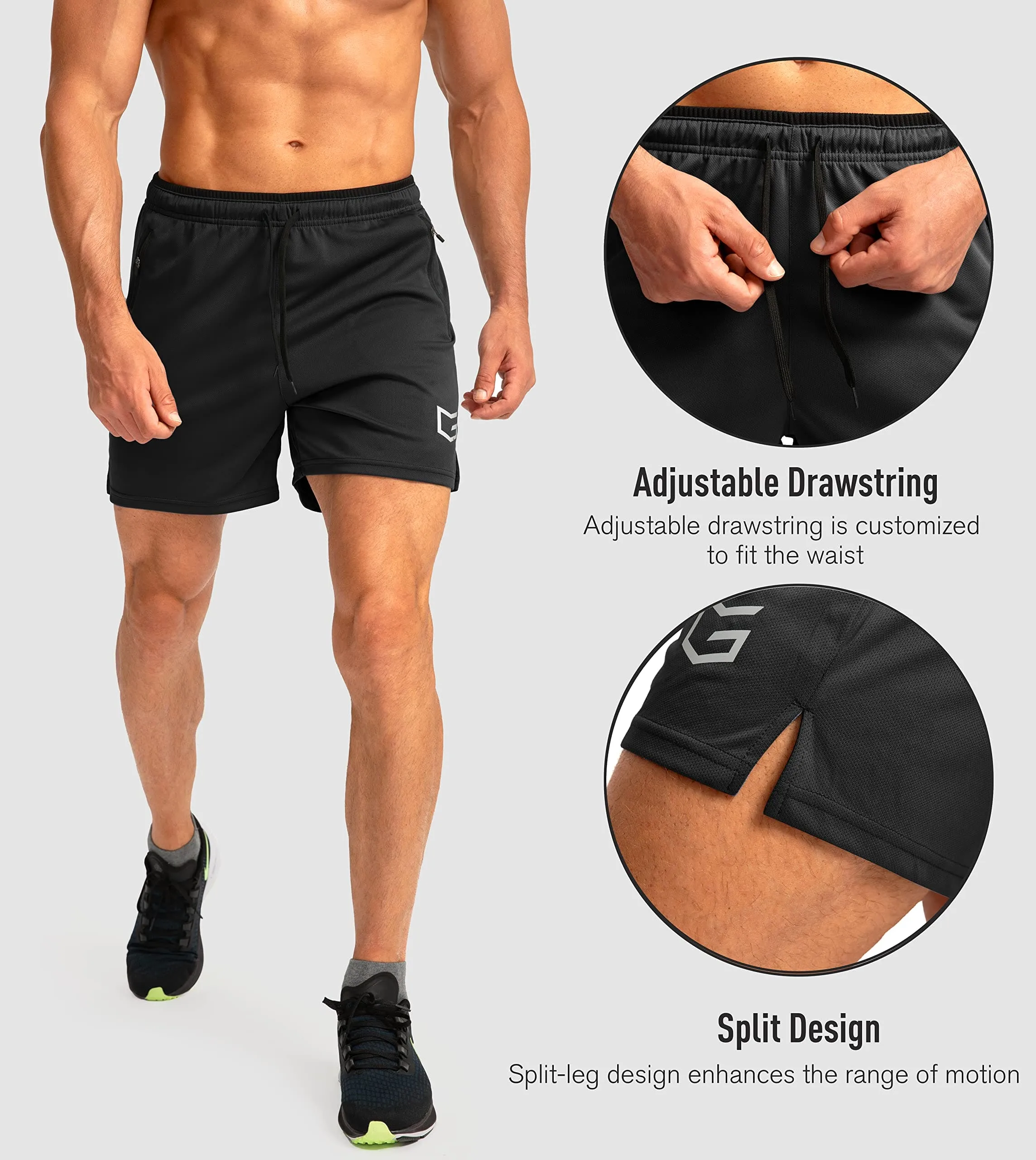 G Gradual Men's Running Shorts with Zipper Pockets Quick Dry Gym Athletic Workout 5" Shorts for Men (Black)