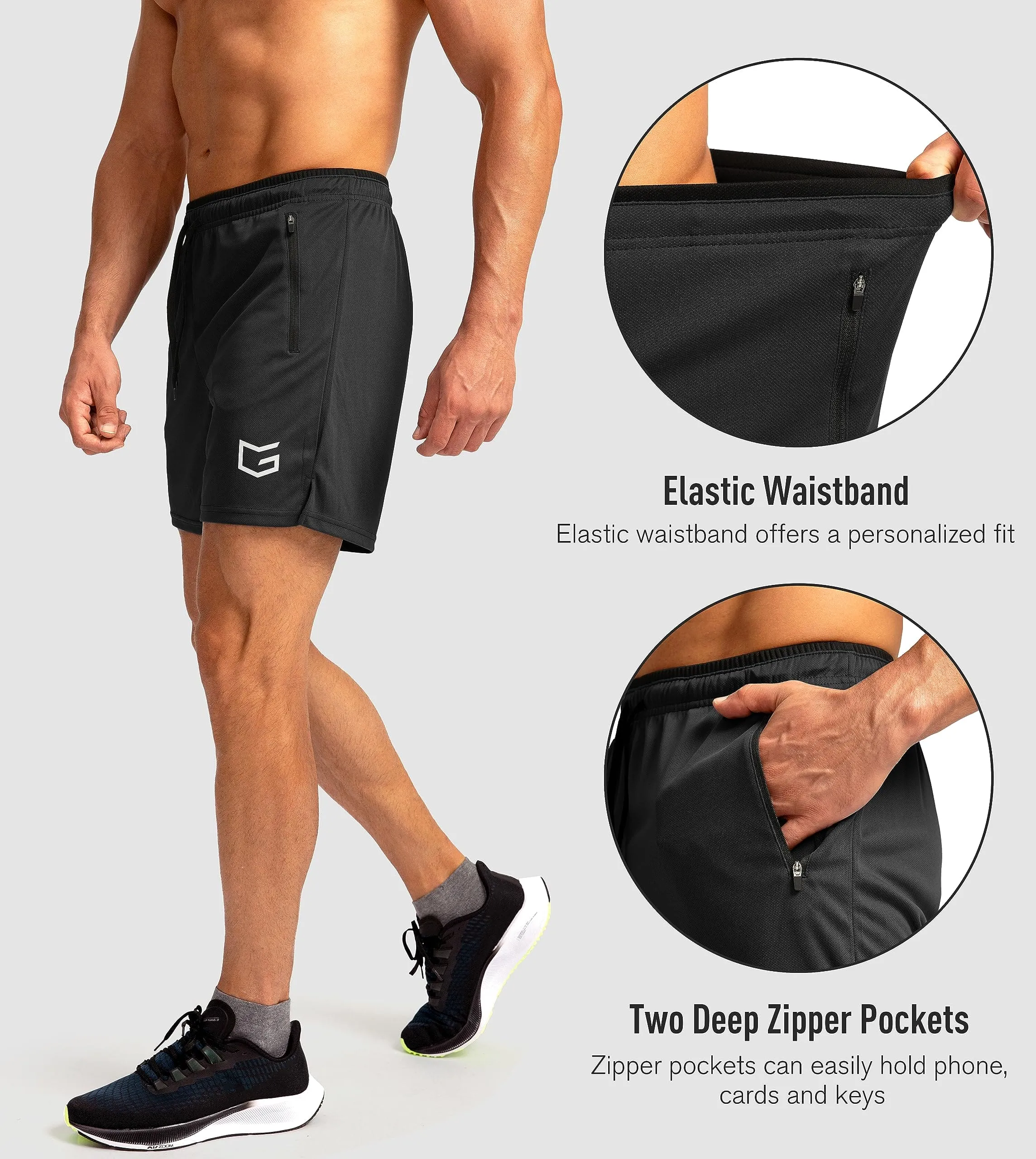 G Gradual Men's Running Shorts with Zipper Pockets Quick Dry Gym Athletic Workout 5" Shorts for Men (Black)