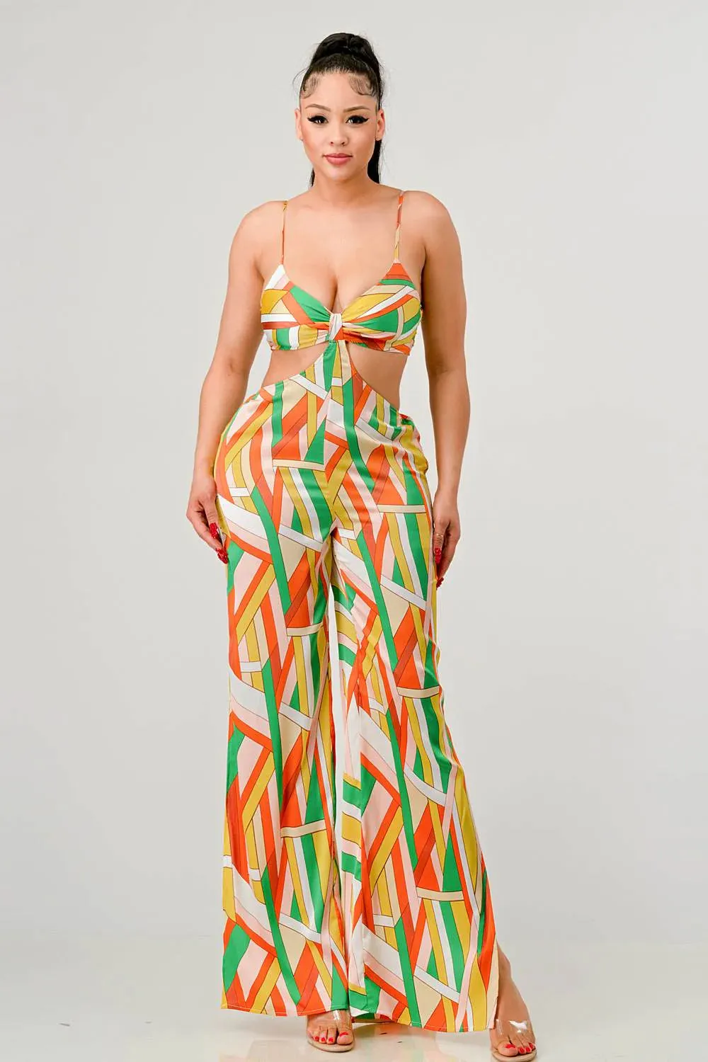 Geo Print Satin Bra Top & Palazzo jumpsuit