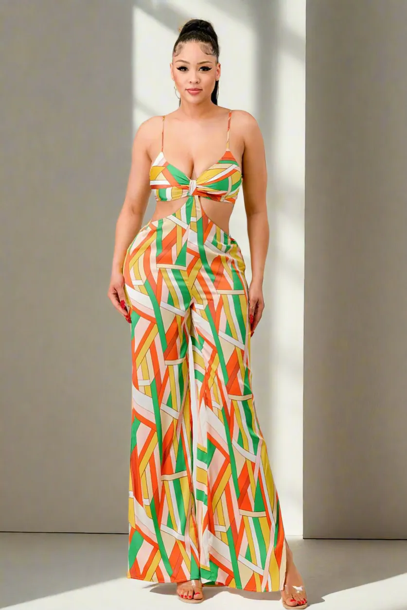 Geo Print Satin Bra Top & Palazzo jumpsuit