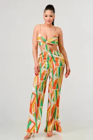 Geo Print Satin Bra Top & Palazzo jumpsuit