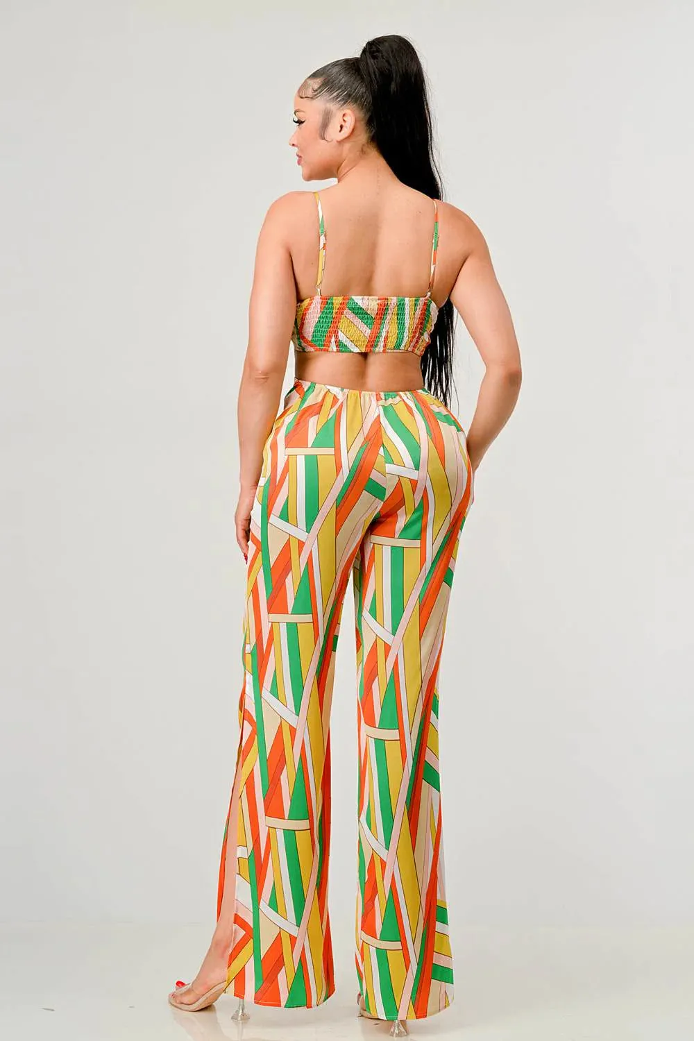 Geo Print Satin Bra Top & Palazzo jumpsuit