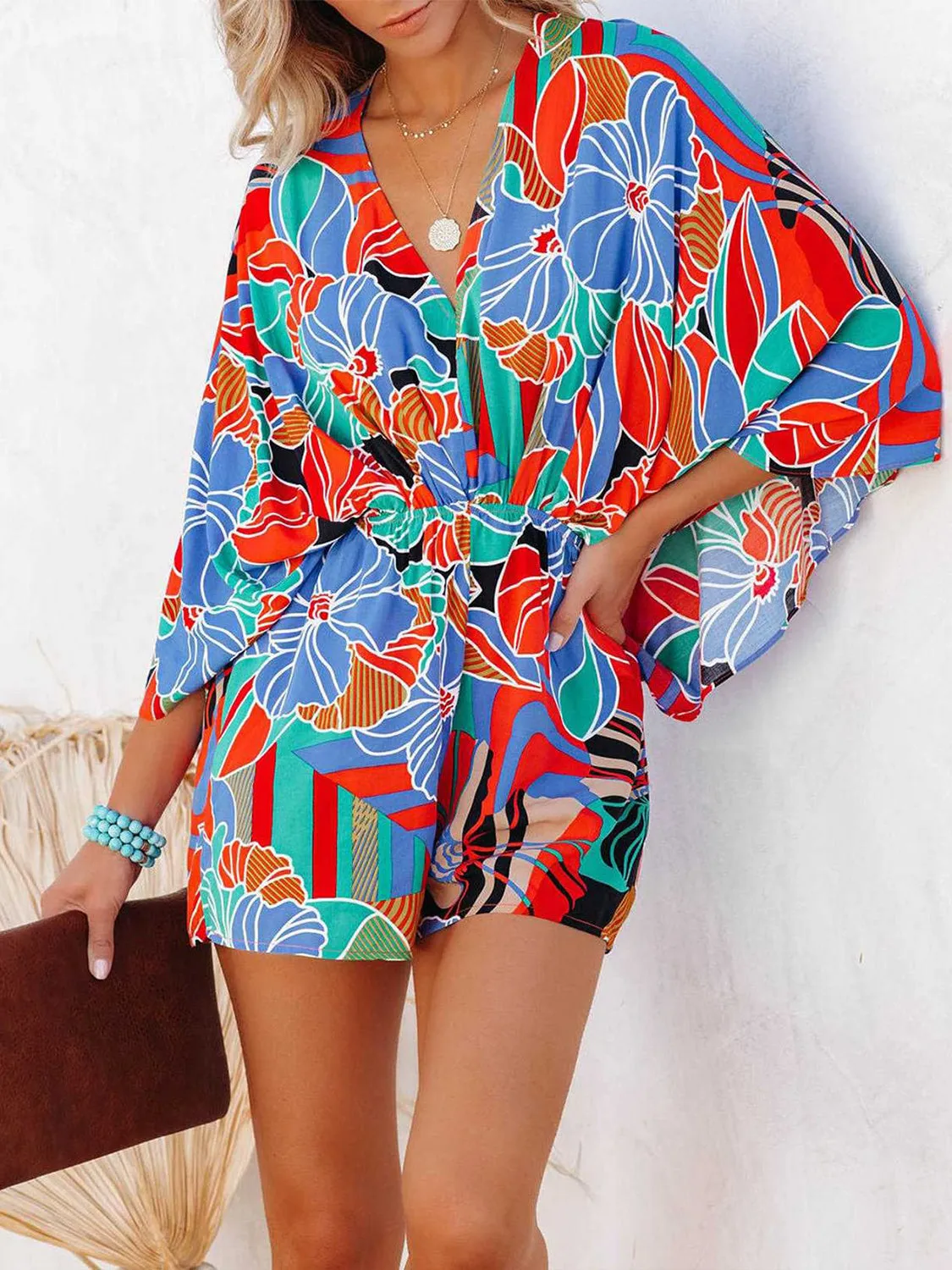 Goldie Tied Printed Kimono Sleeve Romper
