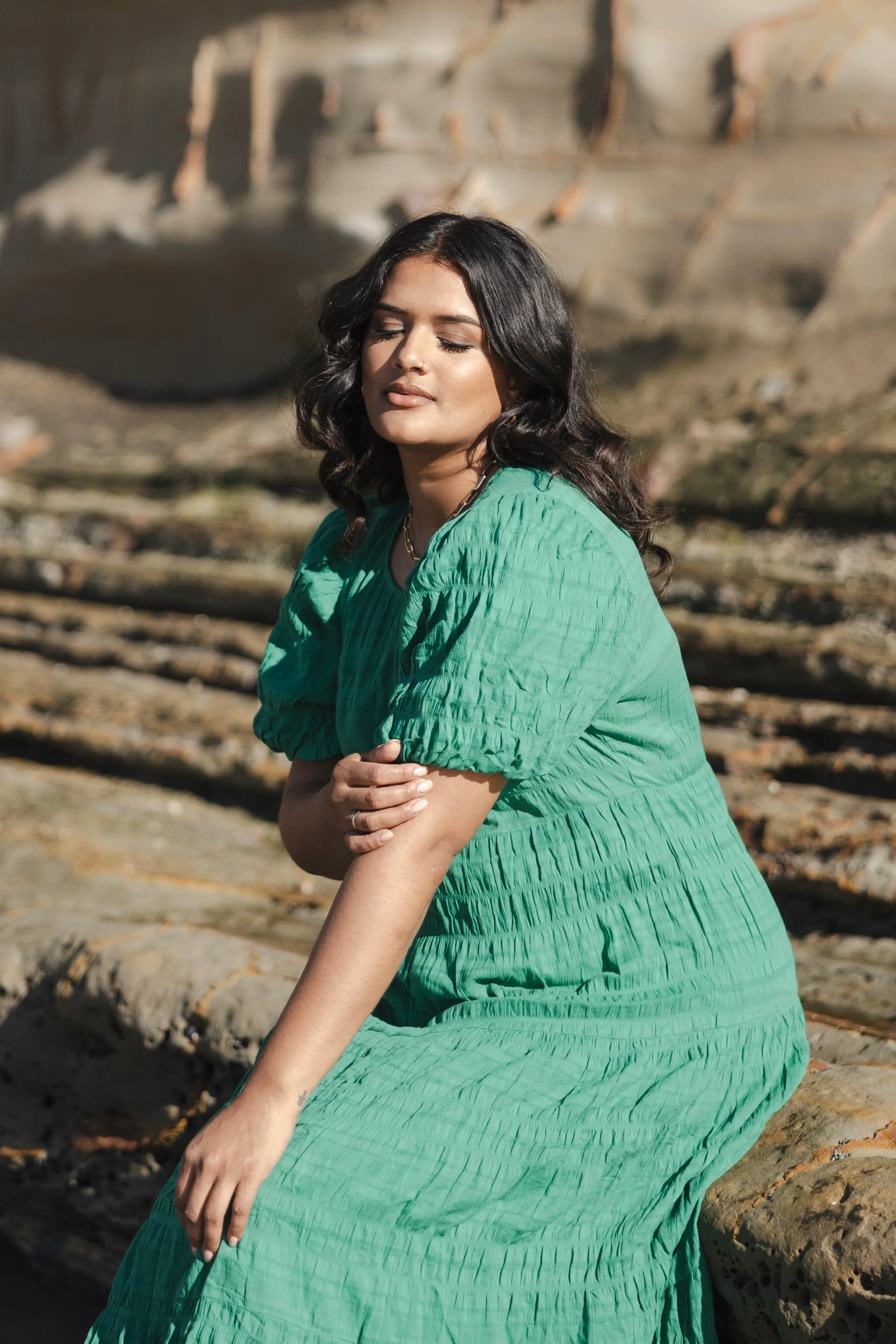 Graceful Palm Shirred Cotton Bubble Sleeve Tiered Maxi Dress