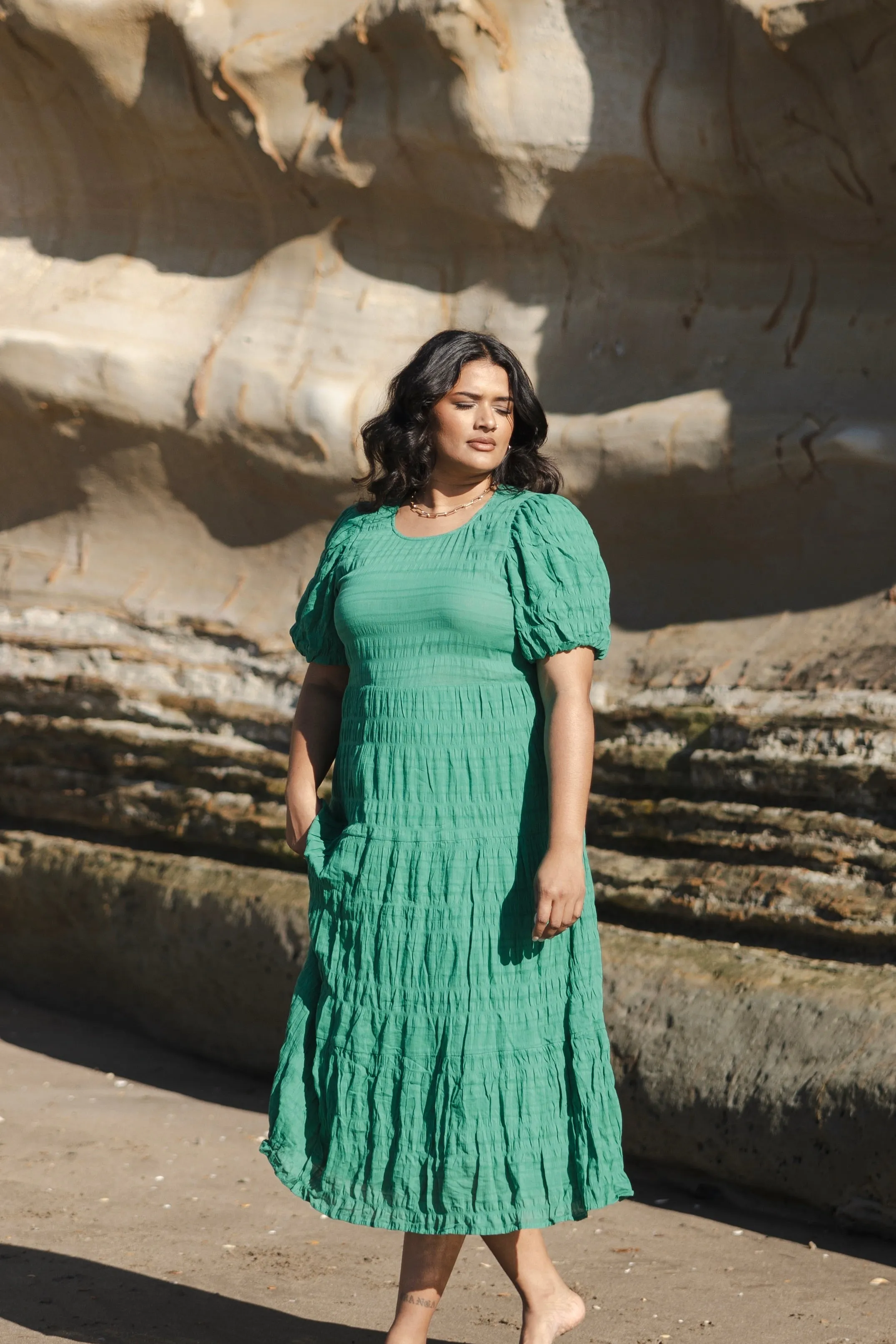 Graceful Palm Shirred Cotton Bubble Sleeve Tiered Maxi Dress