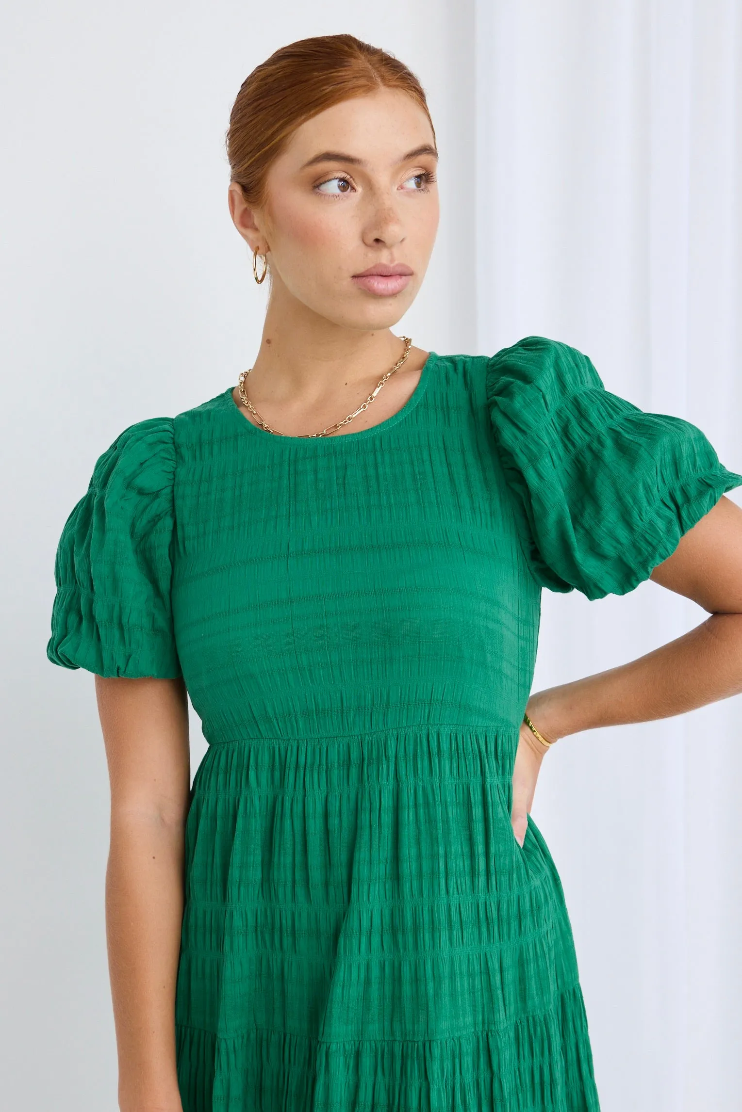 Graceful Palm Shirred Cotton Bubble Sleeve Tiered Maxi Dress