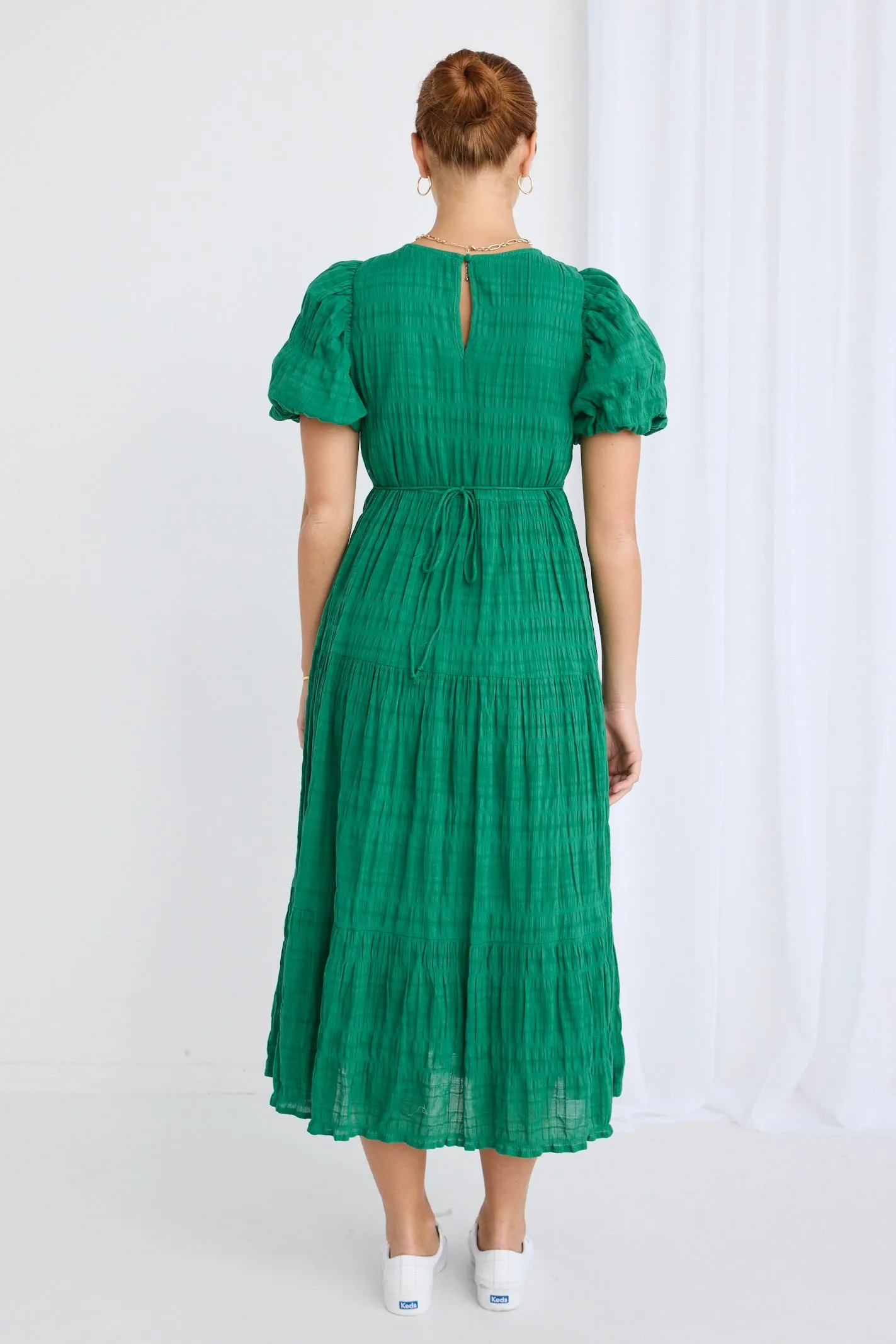 Graceful Palm Shirred Cotton Bubble Sleeve Tiered Maxi Dress
