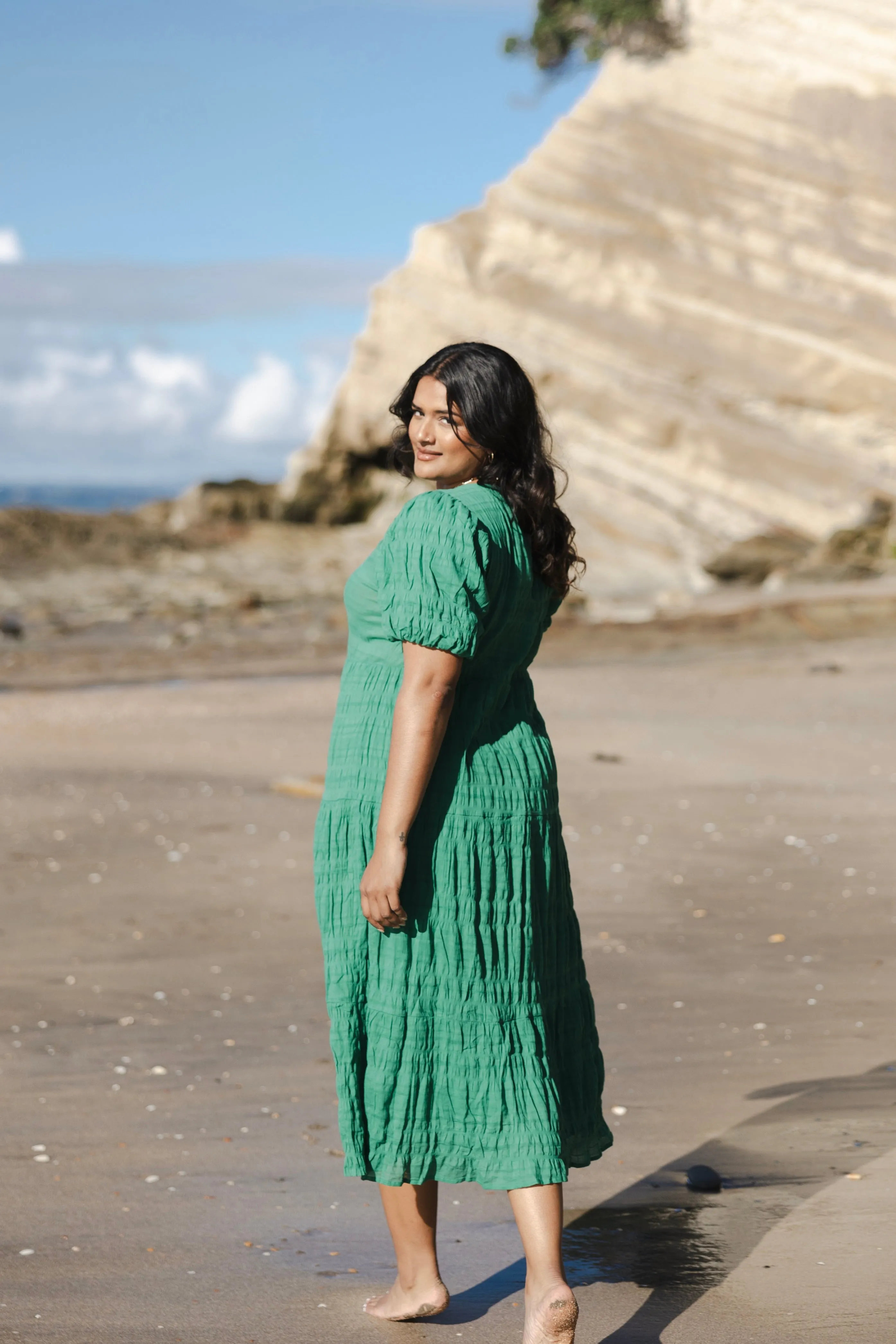 Graceful Palm Shirred Cotton Bubble Sleeve Tiered Maxi Dress