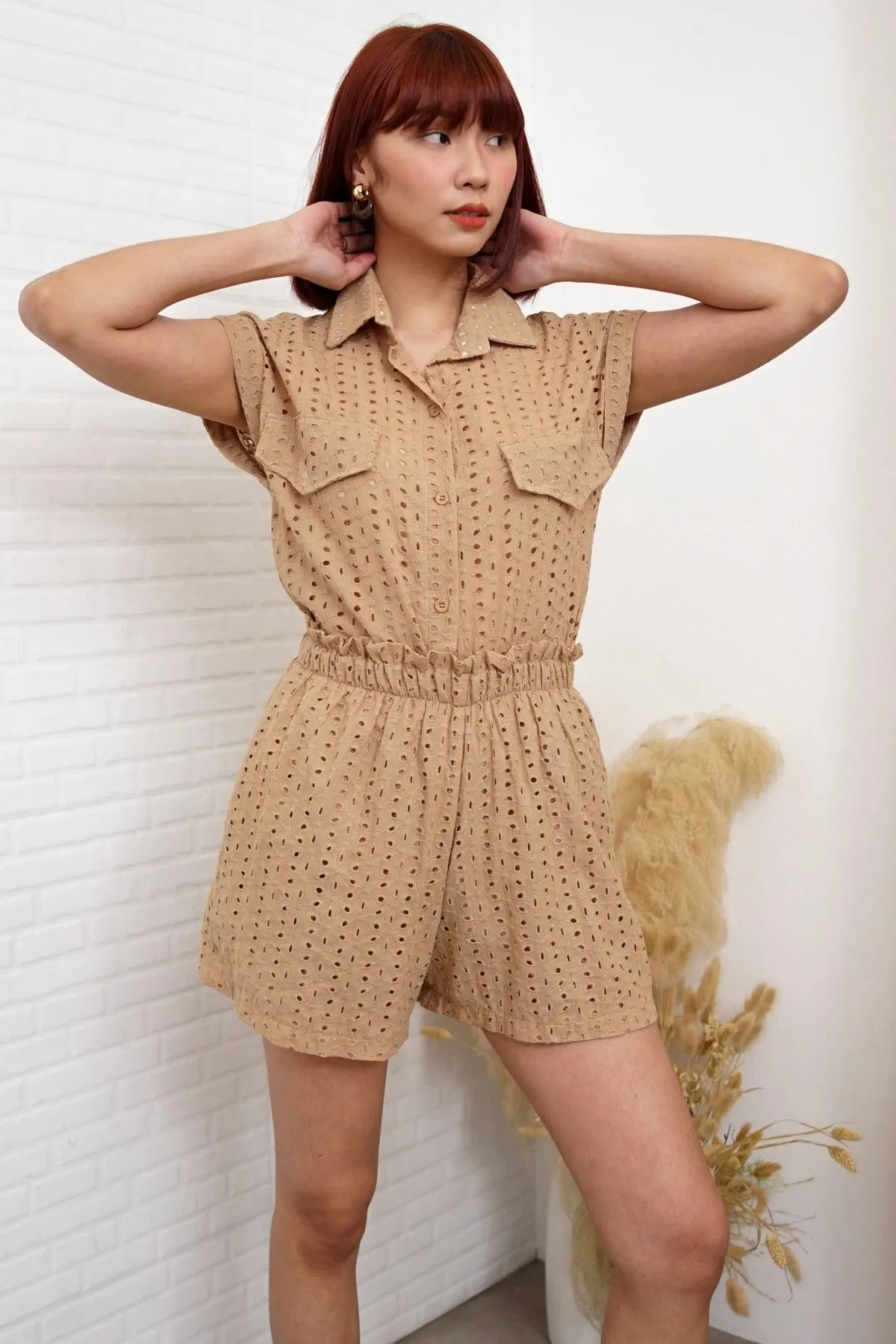 GRACIE Sleeveless Eyelet Top and Shorts Co-ord (Latte Brown)