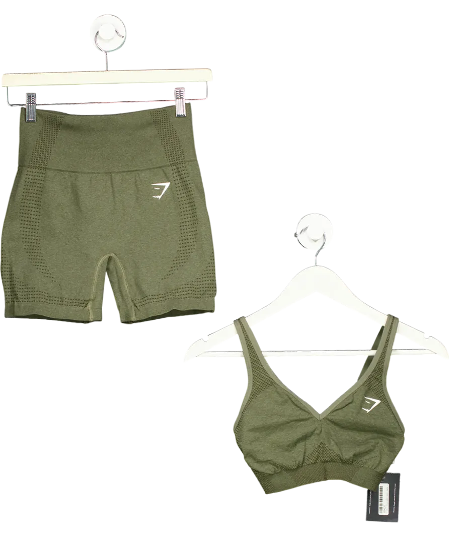 gymshark Green Vital Seamless V Neck Sports Bra And Shorts UK S