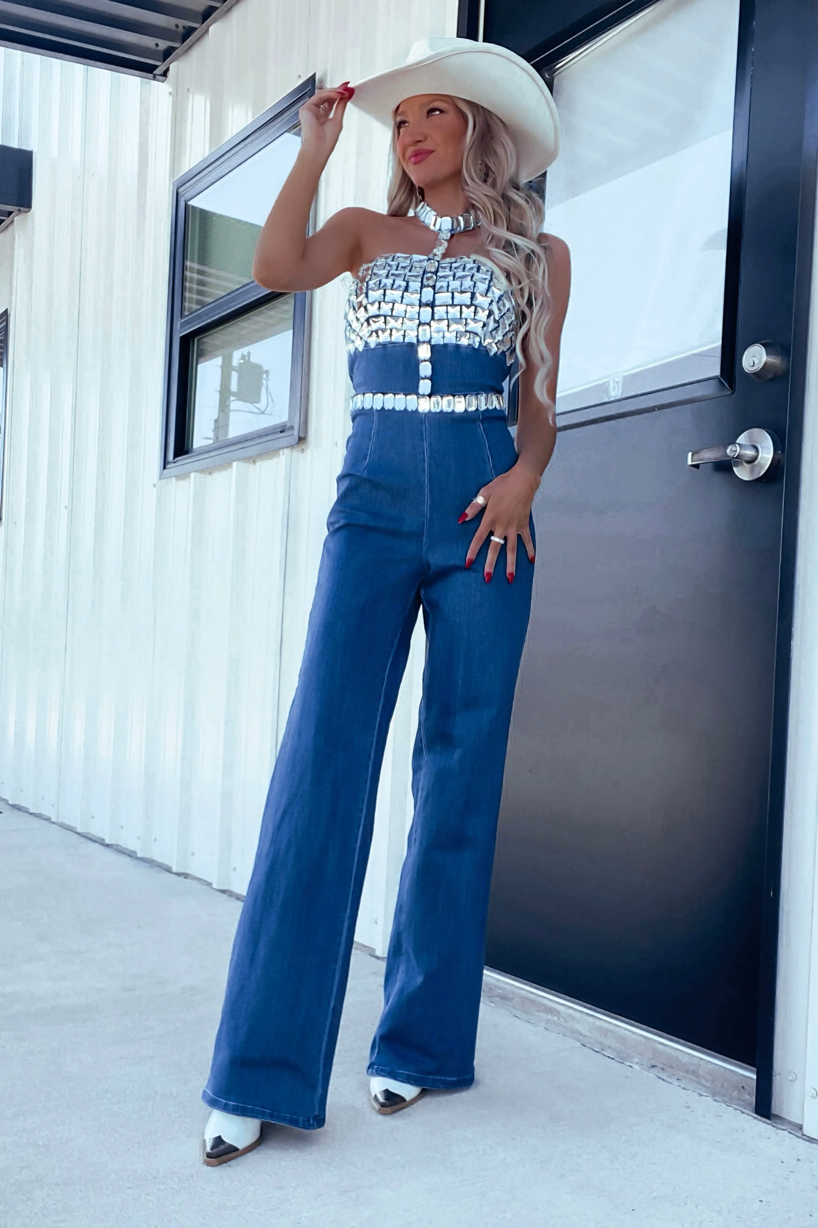 Hallie Denim Halter Jumpsuit -Dark Wash