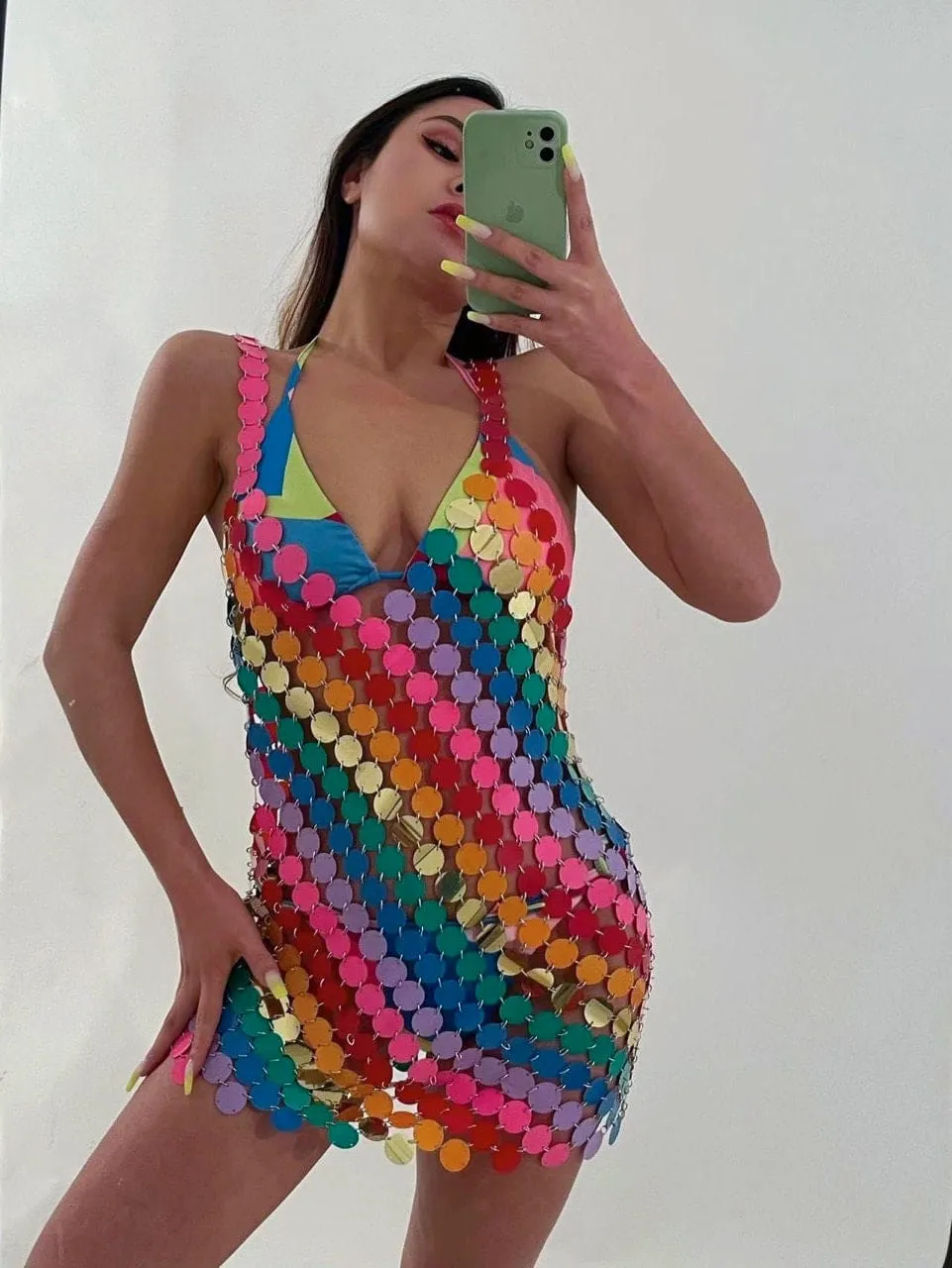 Handmade Rainbow Sequins Patchwork Party Mini Dress