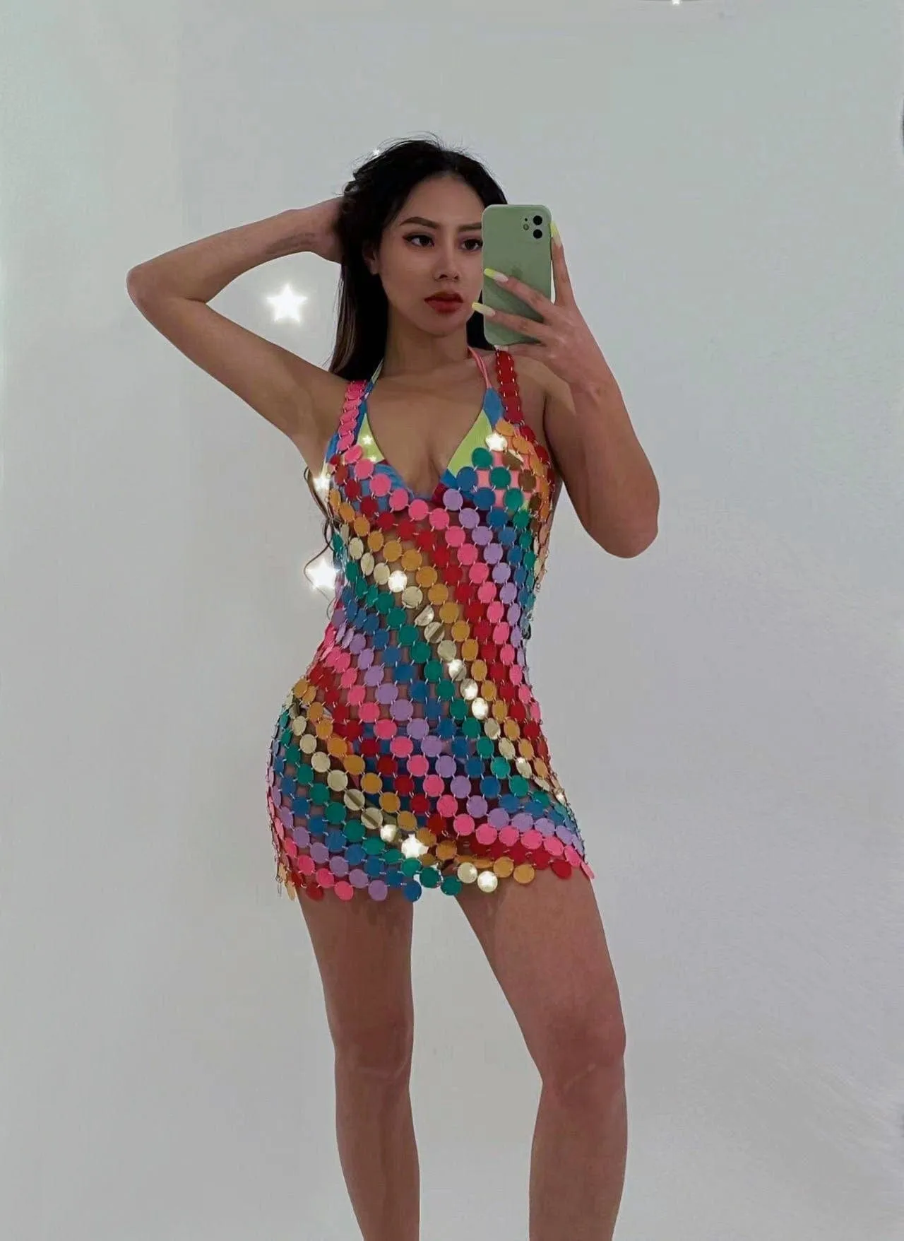 Handmade Rainbow Sequins Patchwork Party Mini Dress