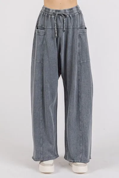 Hazel Blues® |  Mittoshop Mineral Wash Elastic Waist Barrel Leg Baggy Pants