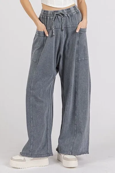 Hazel Blues® |  Mittoshop Mineral Wash Elastic Waist Barrel Leg Baggy Pants