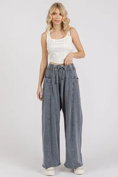 Hazel Blues® |  Mittoshop Mineral Wash Elastic Waist Barrel Leg Baggy Pants