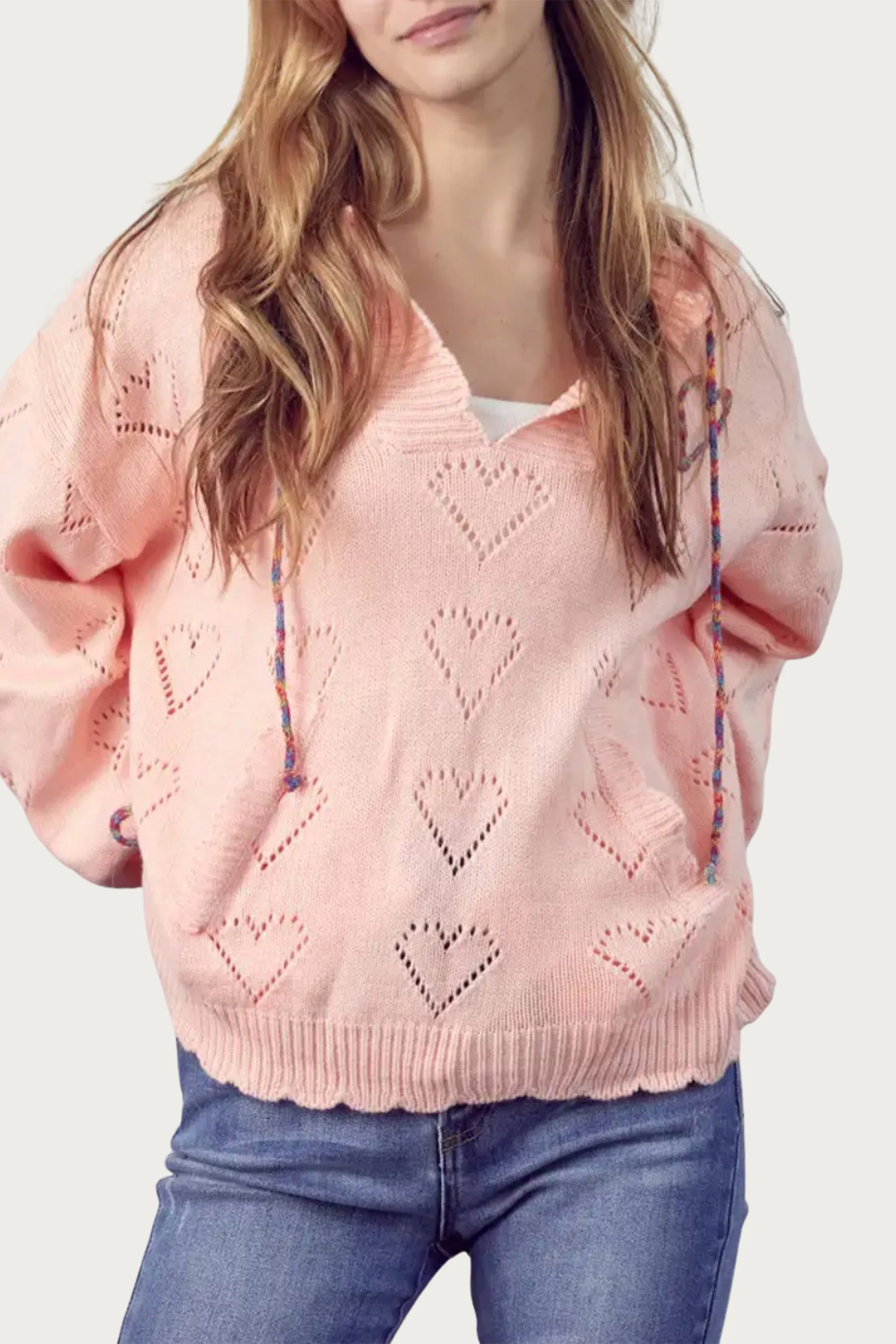HEART POINTELLE-KNIT SWEATER