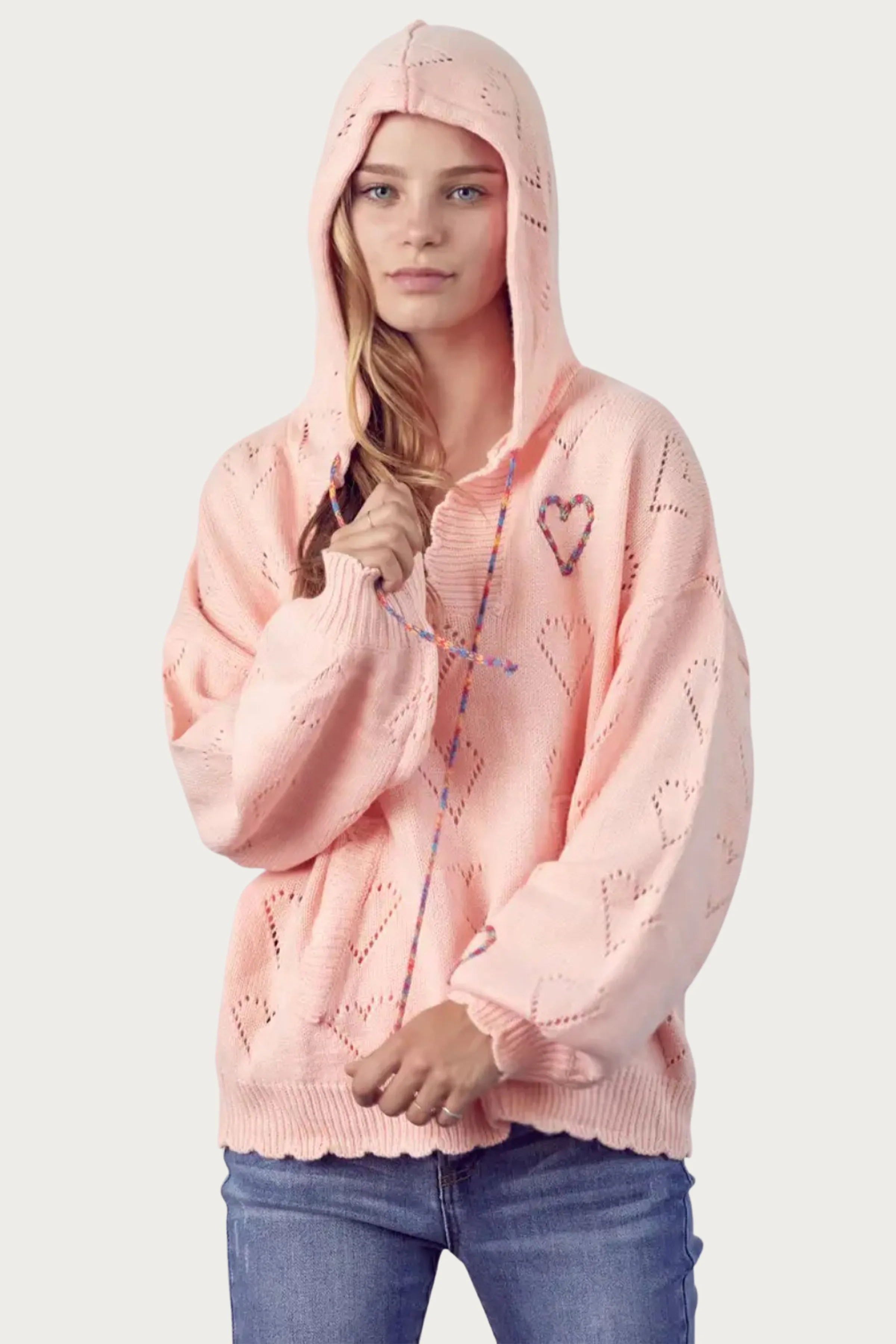 HEART POINTELLE-KNIT SWEATER