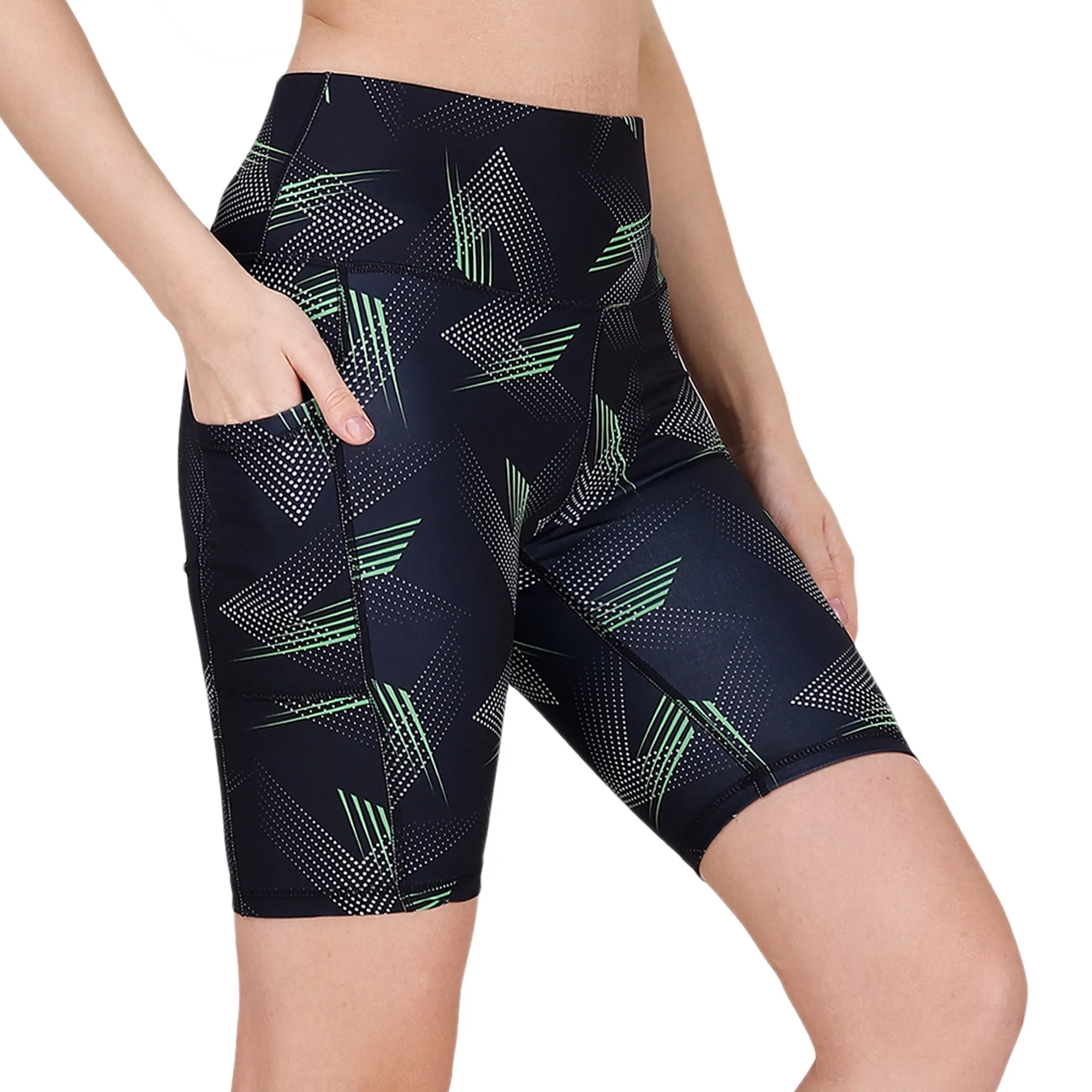 High Waist Knee Length Printed Sports Shorts With Pocket