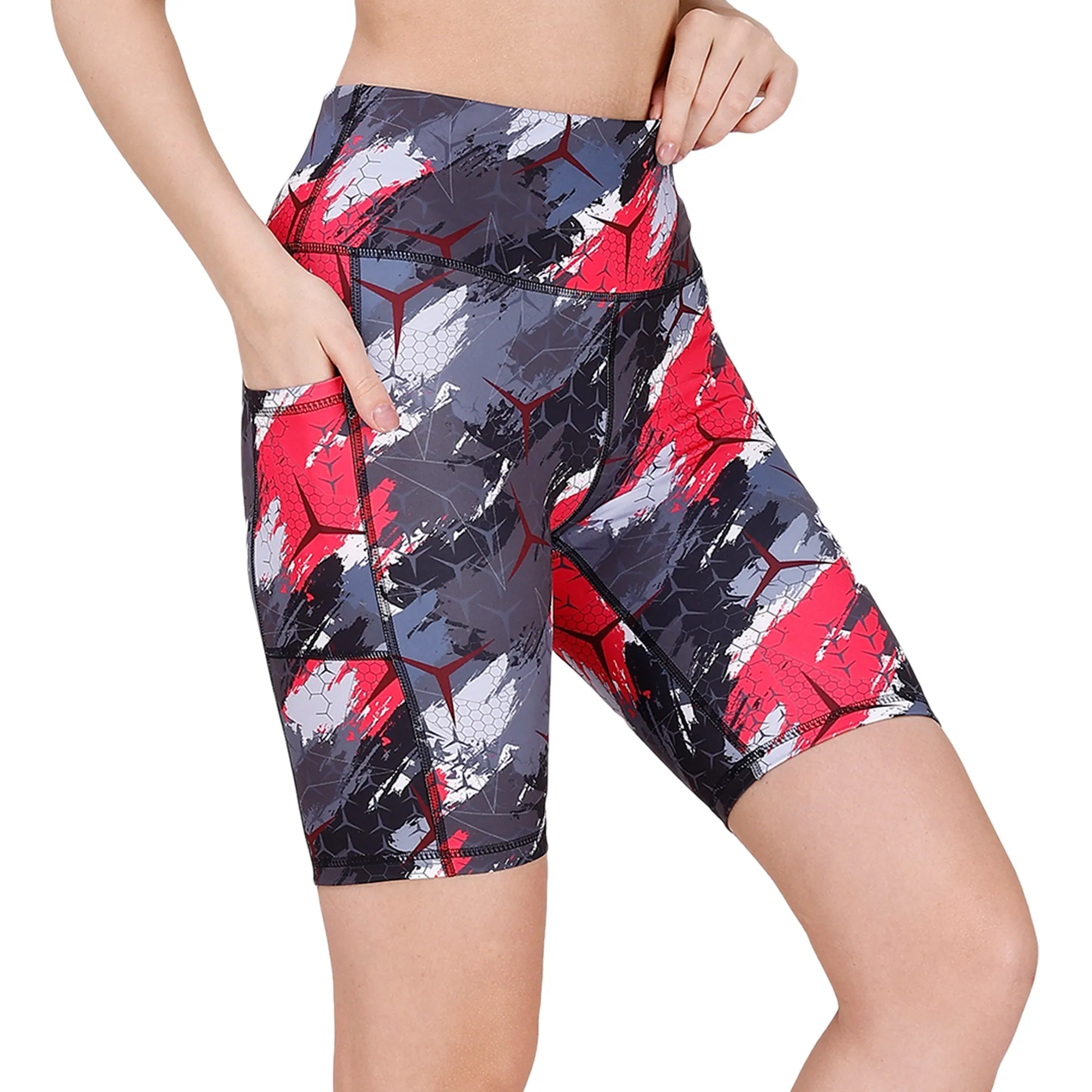 High Waist Knee Length Printed Sports Shorts With Pocket