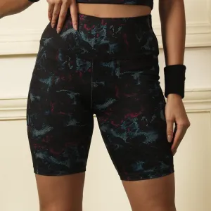 High Waist Knee Length Printed Sports Shorts With Pocket