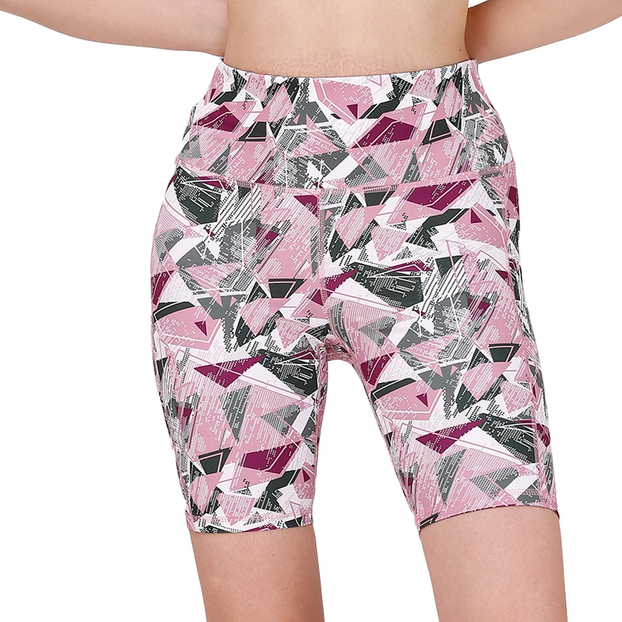 High Waist Knee Length Printed Sports Shorts With Pocket