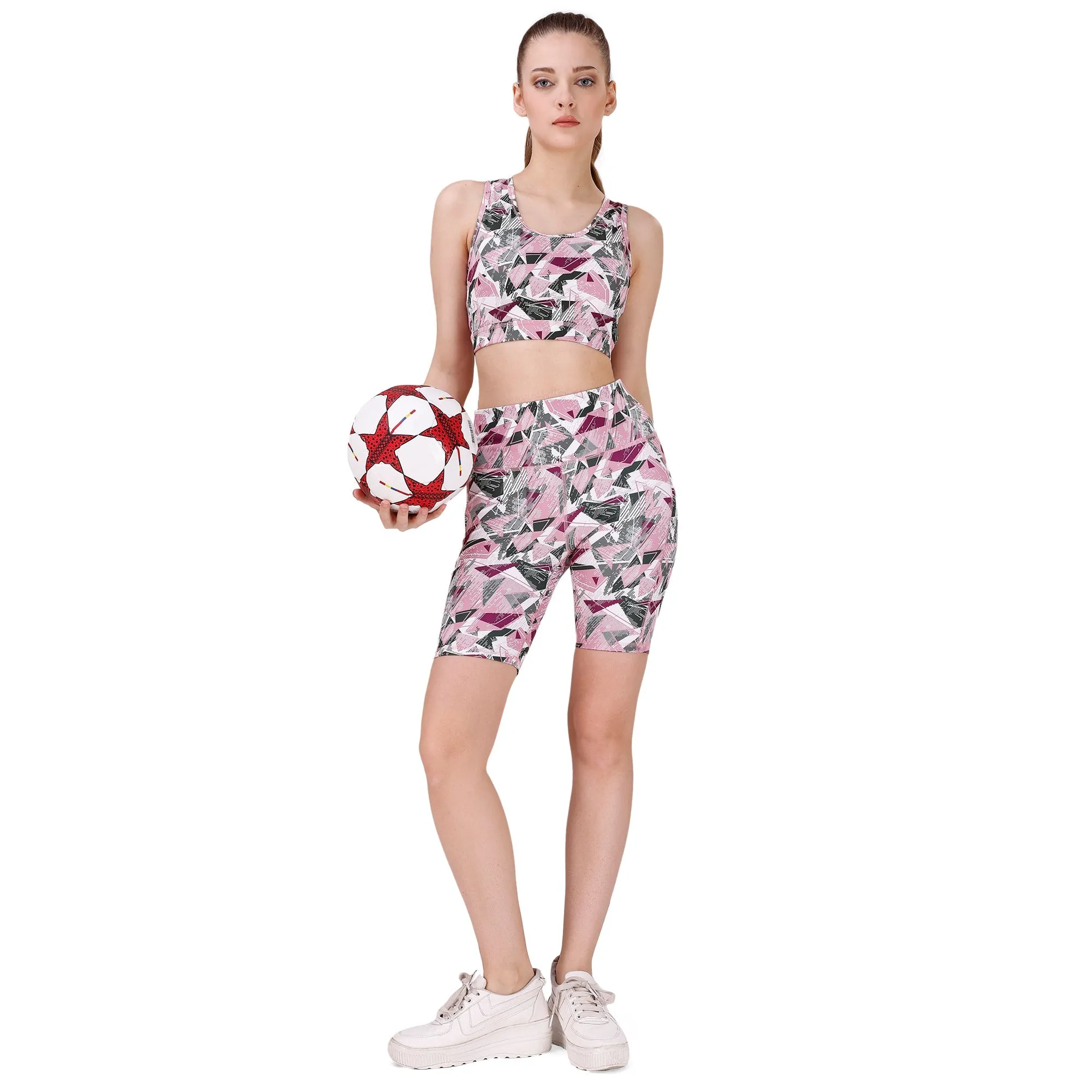 High Waist Knee Length Printed Sports Shorts With Pocket