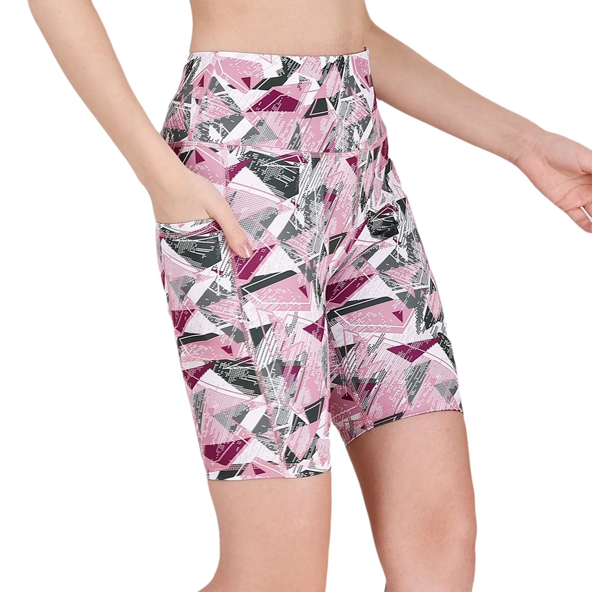 High Waist Knee Length Printed Sports Shorts With Pocket