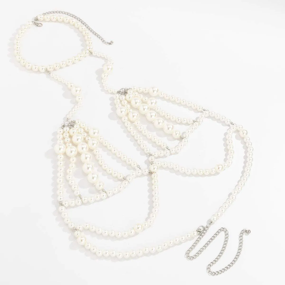 Hollow Beaded Pearl Backless Body Chain Bra