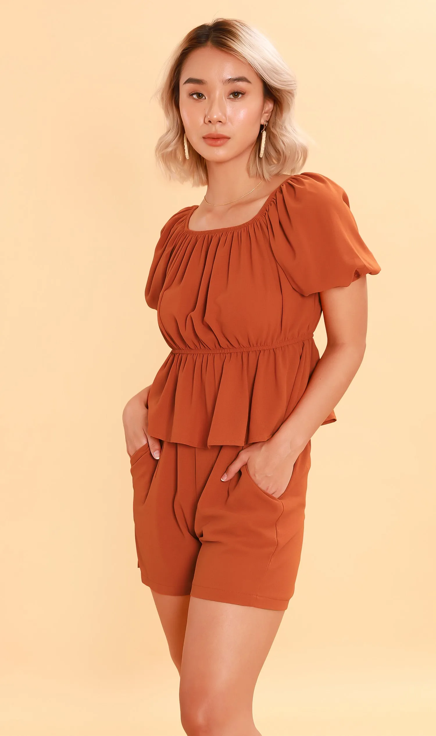 JENNIE Puff-Sleeve Peplum Co-ord (Rust)