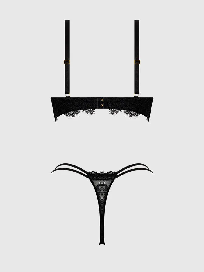 Jocelyn Satin & Lace Strapy Thong In Black - House of Desire