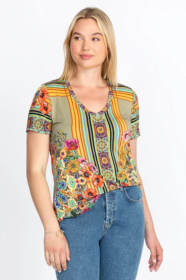 Johnny Was Hunter Favorite Short V Floral Tee Shirt Green Yellow Top Small NEW
