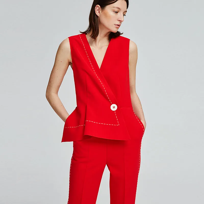 Jumpsuits Women Asymmetric Design Sleeveless Pockets Button Decoration