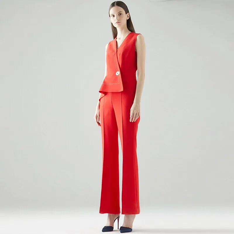 Jumpsuits Women Asymmetric Design Sleeveless Pockets Button Decoration