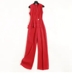 Jumpsuits Women Asymmetric Design Sleeveless Pockets Button Decoration