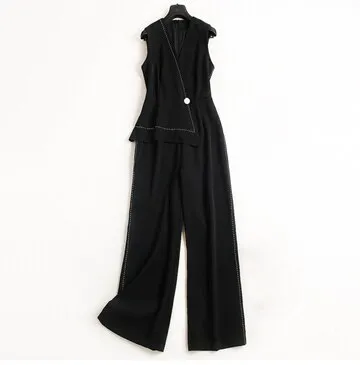 Jumpsuits Women Asymmetric Design Sleeveless Pockets Button Decoration