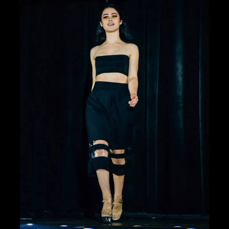 Kellie Black 2 Piece Glossy Culotte Pant Set